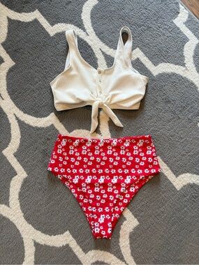 SHEIN Cream Ribbed Tie-Front Top with Red Floral High-Waist Bikini Bottom